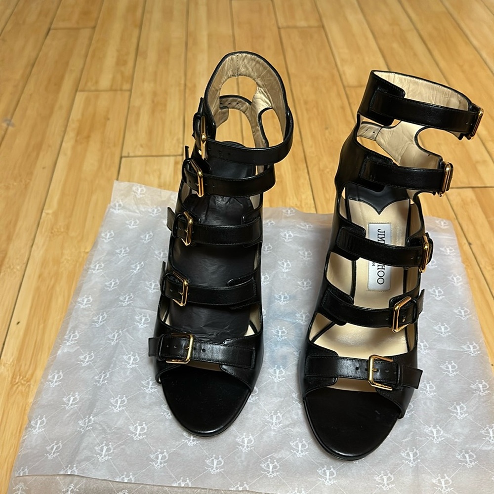 Jimmy Choo Black Multi-Strap Buckle Heeled Sandals